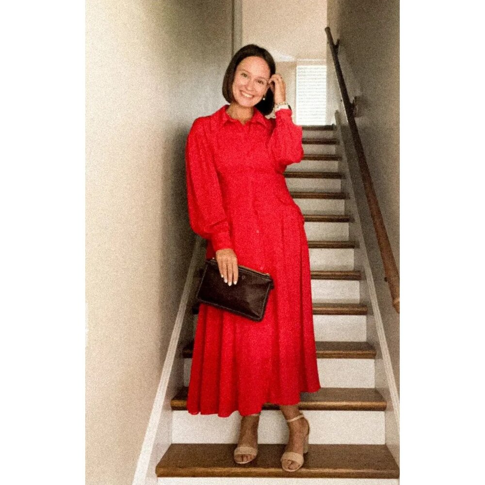 Saunders Collective Red Holiday Party Long Sleeve Mid Shirt Dress Size 6 | Women